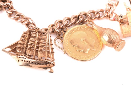 Lot 82 - A charm bracelet in 9ct rose gold, consisting...