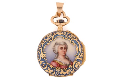 Lot 464 - An open-face fob watch with an enamel portrait,...