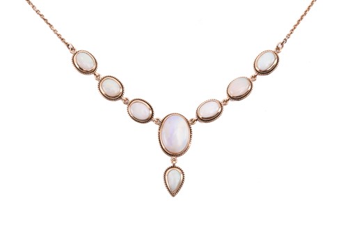 Lot 212 - An opal necklace, set with a row of oval white...