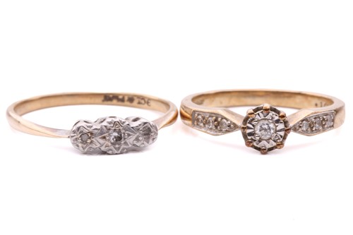 Lot 173 - Two diamond rings; the first set with a round...