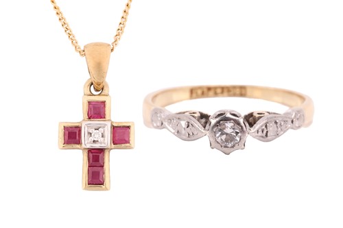 Lot 39 - A diamond solitaire ring and a gem-set cross...