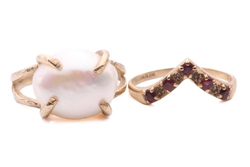 Lot 123 - A pearl ring and a gem-set wishbone ring; the...