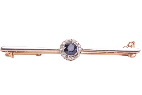 Lot 90 - A sapphire and diamond cluster bar brooch, set...