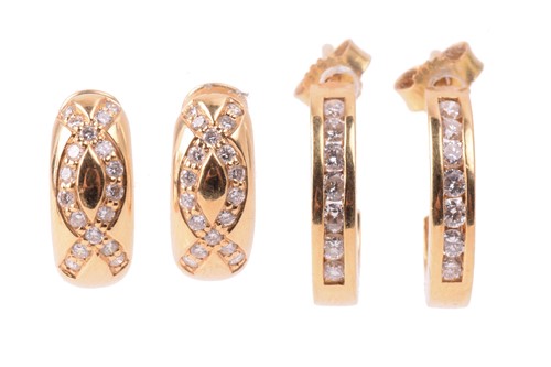 Lot 40 - Two pairs of diamond-set hoop earrings in 18ct...