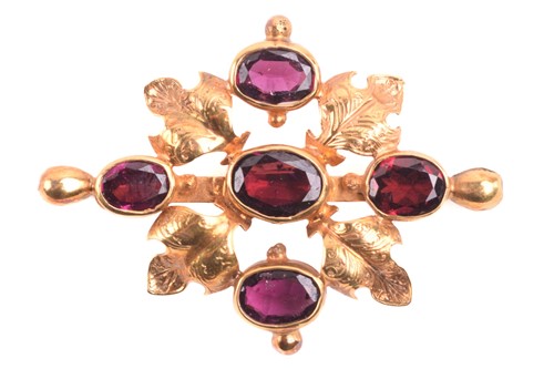 Lot 240 - A garnet pendant brooch, set with five garnets...