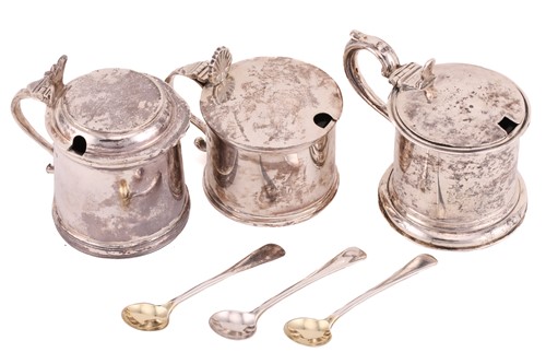 Lot 475 - Three silver mustard pots with hinged covers...