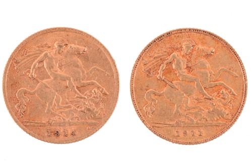 Lot 322 - Two George V half sovereigns 1911 and 1914,...