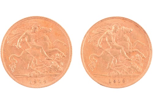 Lot 320 - Two George V half sovereigns 1912 and 1914,...