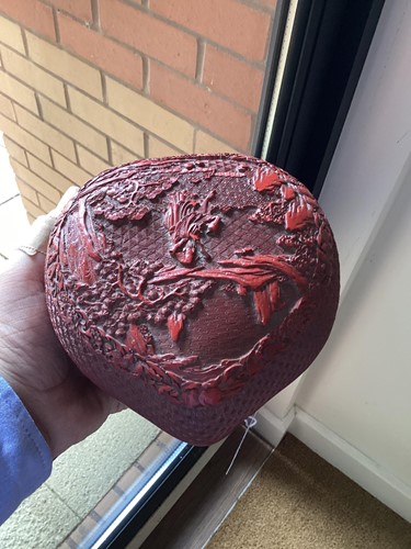 Lot 110 - A Cinnabar lacquer peach shape box, the lid...