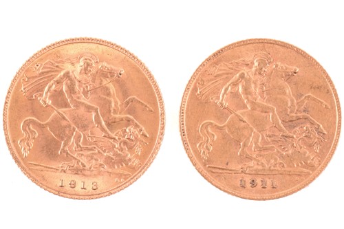 Lot 328 - Two George V half sovereigns 1911 and 1913,...