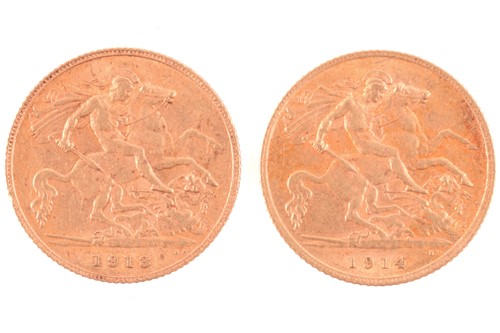 Lot 333 - Two George V half sovereigns 1913 and 1914,...