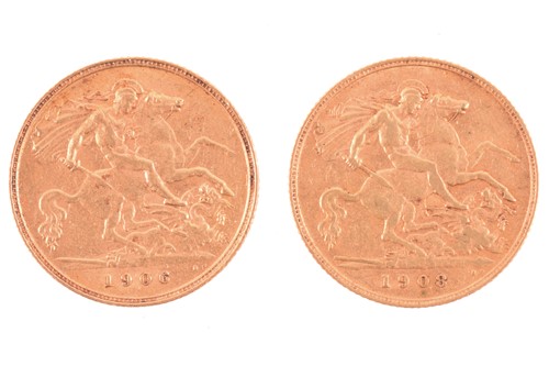 Lot 325 - Two Edward VII half sovereigns 1906 and 1908,...