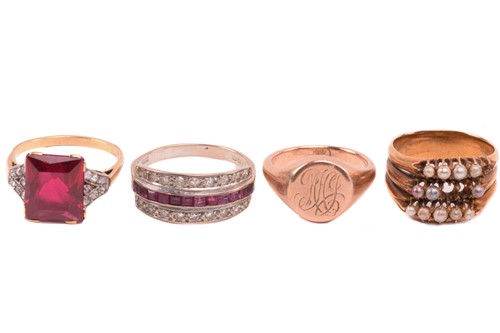 Lot 190 - Three gem-set rings and a signet ring; the...