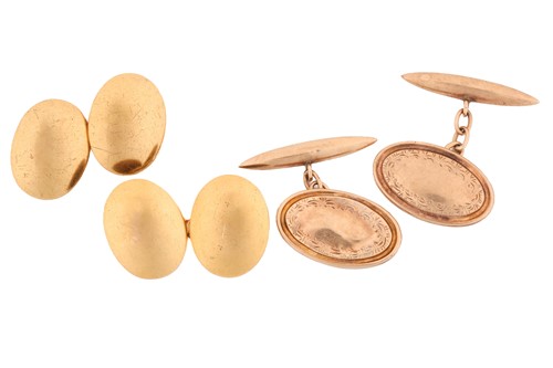 Lot 33 - Two pairs of gold cufflinks; a plain oval pair...