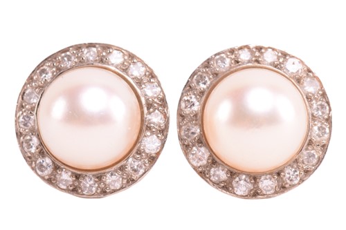 Lot 217 - A pair of cultured pearl and diamond halo...