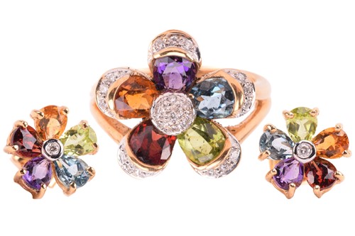 Lot 316 - A multi-gem floral cocktail ring and matching...