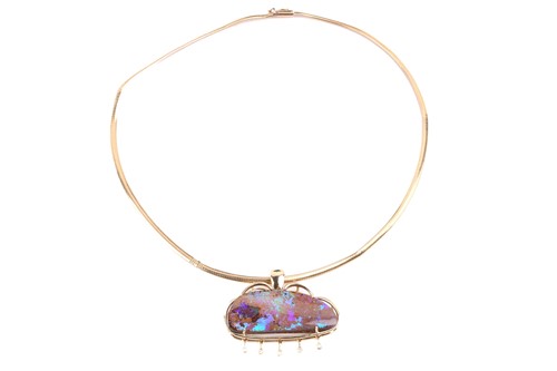 Lot 54 - An opal and diamond pendant necklace, the...