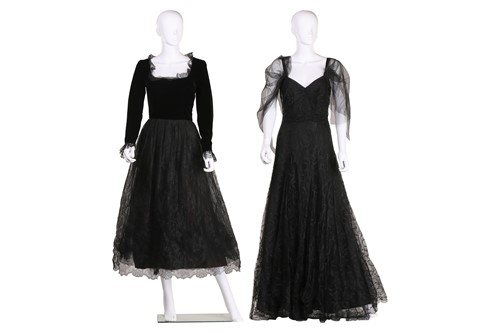 Lot 80 - Two black lace evening dresses; one with...