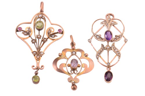 Lot 235 - Three Edwardian cartouche shape pendants, gem...