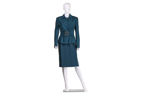 Lot 83 - Bruce Oldfield - a teal green two-piece suit...