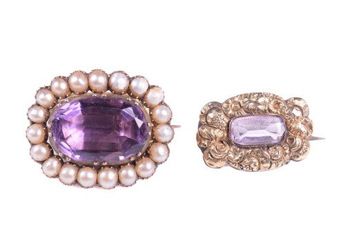 Lot 239 - Two amethyst fichu pins and a micro portrait...