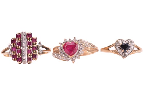 Lot 203 - Three gem set rings, comprising a heart-shaped...