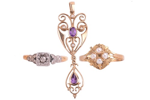 Lot 227 - An amethyst and seed pearl pendant with...