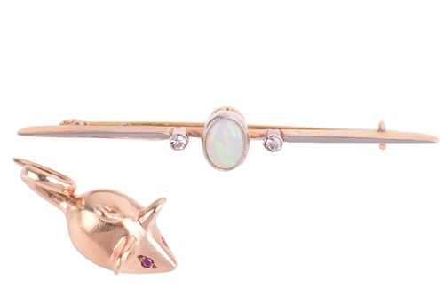 Lot 168 - An opal and diamond bar brooch, the opal...