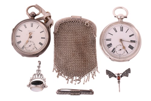 Lot 480 - Two pocket watches a silver purse two brooches...