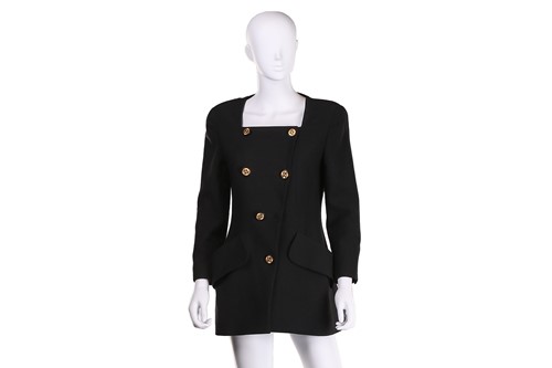Lot 106 - Chanel - a black collarless square-neck jacket,...