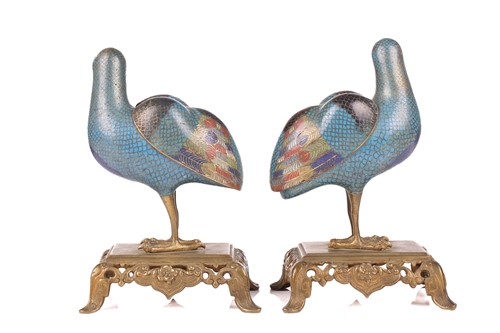 Lot 91 - A pair of Chinese cloisonne enamel figural...