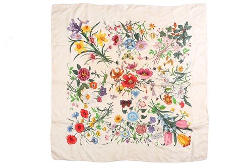 Lot 136 - Gucci - 'Flora' silk square scarf, illustrated...