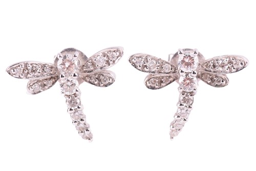 Lot 182 - A pair of diamond dragonfly earrings, each...