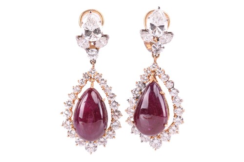 Lot 199 - A pair of ruby and diamond pendant earrings,...