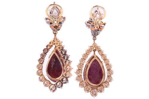 Lot 199 - A pair of ruby and diamond pendant earrings,...