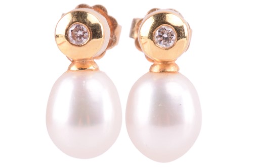 Lot 28 - A pair of cultured pearl and diamond earrings...