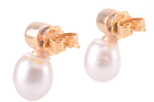 Lot 28 - A pair of cultured pearl and diamond earrings...