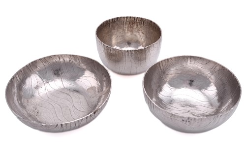 Lot 536 - Three wave design silver bowls by Adrian Hope,...