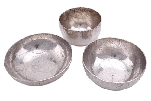 Lot 536 - Three wave design silver bowls by Adrian Hope,...