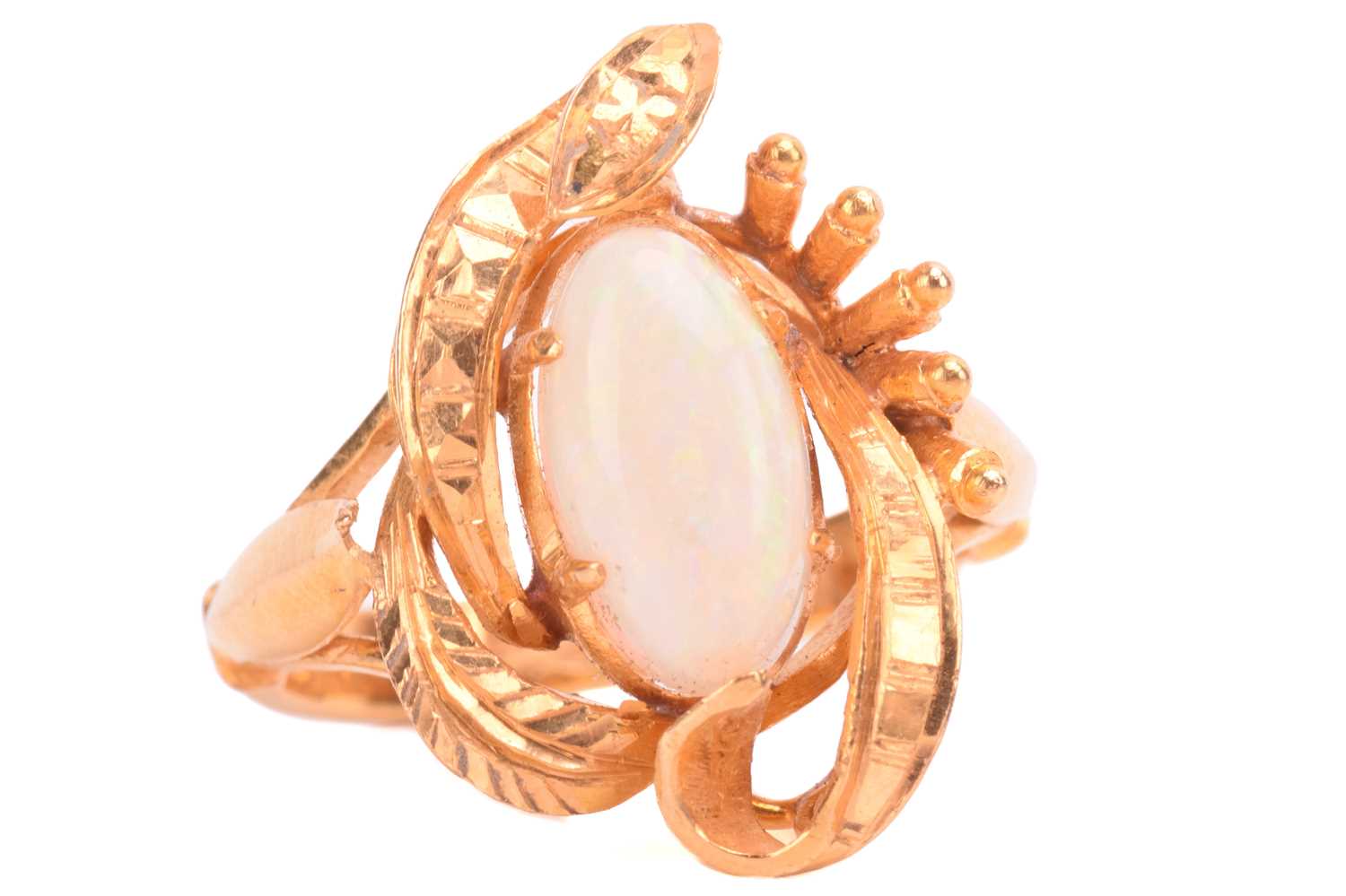 Lot 27 - An opal ring, set with white opal in a foliate...