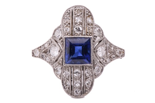 Lot 79 - An Art Deco sapphire and diamond ring, circa...