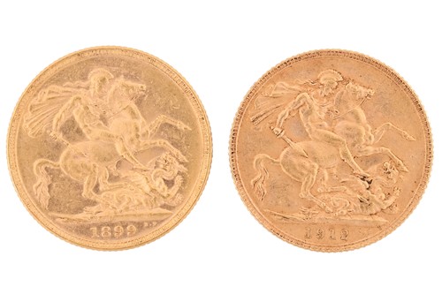 Lot 223 - Two gold sovereigns; a Victoria full sovereign,...