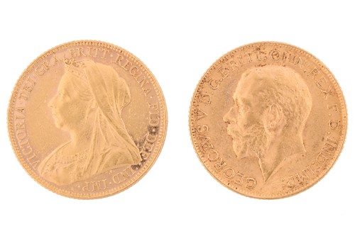 Lot 223 - Two gold sovereigns; a Victoria full sovereign,...