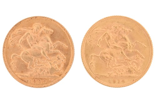 Lot 230 - Two full sovereigns; Edward VII,1908, St...