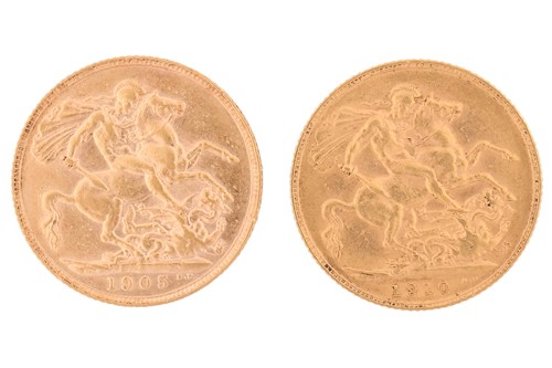 Lot 239 - Two Edward VII full Sovereigns, 1905 and 1910,...