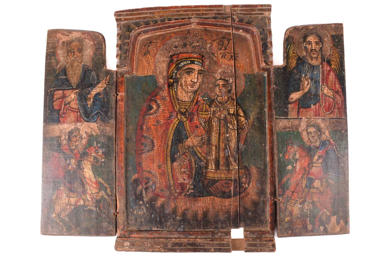 Lot 260 - A Greek Orthodox painted triptych icon, the...