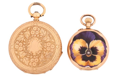 Lot 308 - An enamel floral pocket fob watch and another...