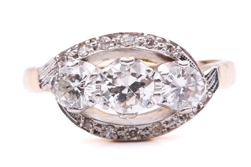 Lot 9 - A three-stone diamond crossover ring,...