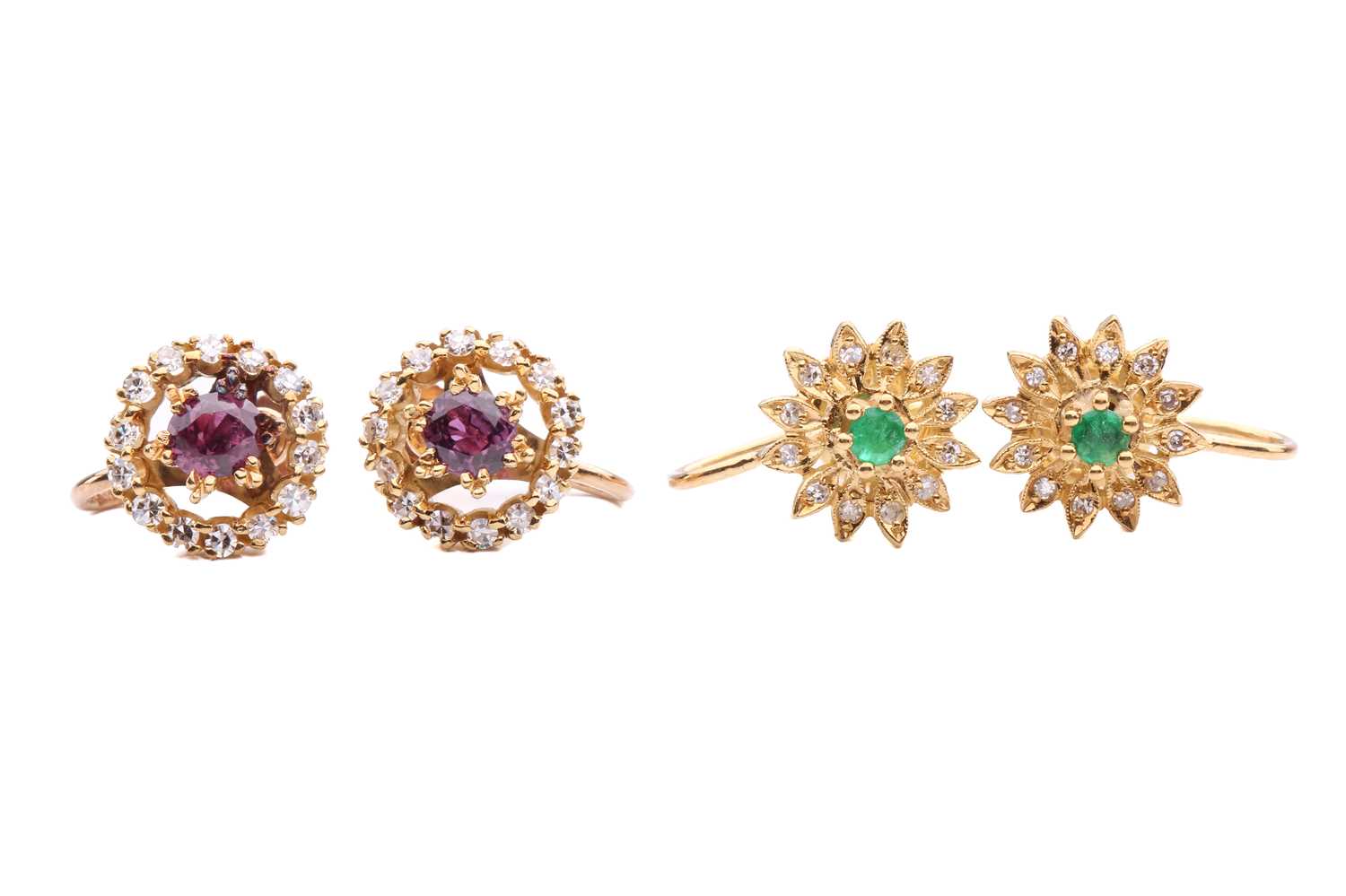 Lot 81 - Two pairs of gem-set cluster earrings; the...