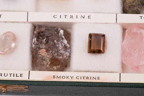 Lot 64 - A case of gem and mineral specimens, featuring...